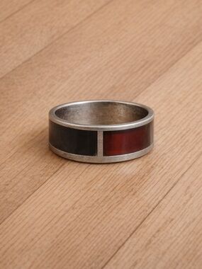 Unisex Y2K Black & Red Inlay Band Ring Silver Tone Minimalist Stackable
